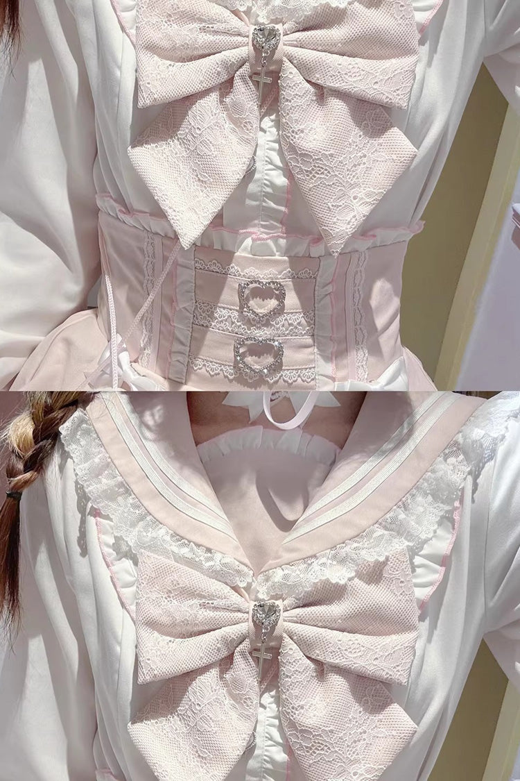 White/Pink [Snow-Kissed Rose] Navy Collar Long Sleeves Triple-Layered Ruffled Bow Sweet Jirai Kei Japanese Skirt Set - Product - 3