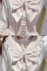 White/Pink [Snow-Kissed Rose] Navy Collar Long Sleeves Triple-Layered Ruffled Bow Sweet Jirai Kei Japanese Skirt Set - Product - 3