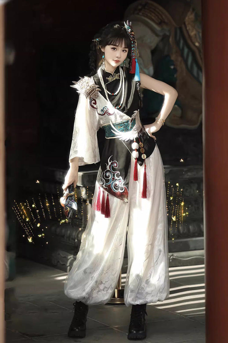 Black/White Stand Collar Single Long Sleeve Printed Embroidered Asymmetric Chinese Style Ouji Set - Product - 4