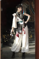 Black/White Stand Collar Single Long Sleeve Printed Embroidered Asymmetric Chinese Style Ouji Set - Product - 4