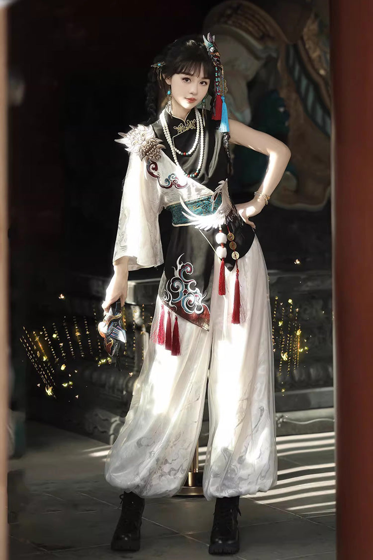 Black/White Stand Collar Single Long Sleeve Printed Embroidered Asymmetric Chinese Style Ouji Set - Product - 4