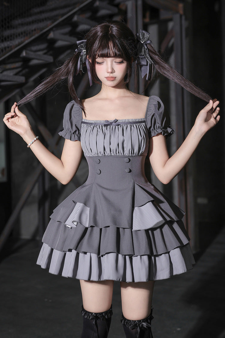 Classic Square Collar Halterneck Short Sleeves Triple-Layered Printed Ruffled Bow Cool Lolita Dress Set 2 Colors(Black, Grey) - Product - 20