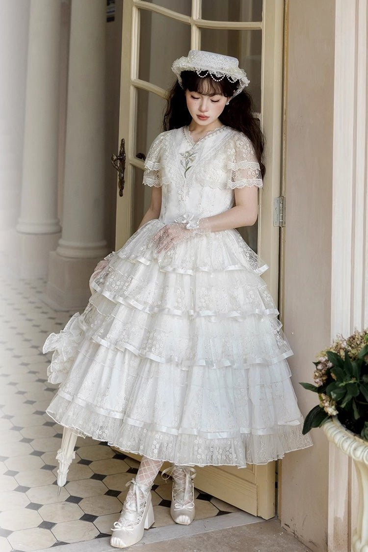 White [Morning Dew Lily] Short Sleeves Multi-Layered Ruffle Embroidery Sweet Elegant Lolita Dress - Product - 3