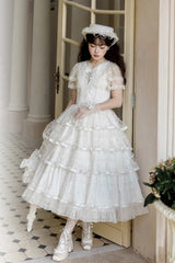 White [Morning Dew Lily] Short Sleeves Multi-Layered Ruffle Embroidery Sweet Elegant Lolita Dress - Product - 3