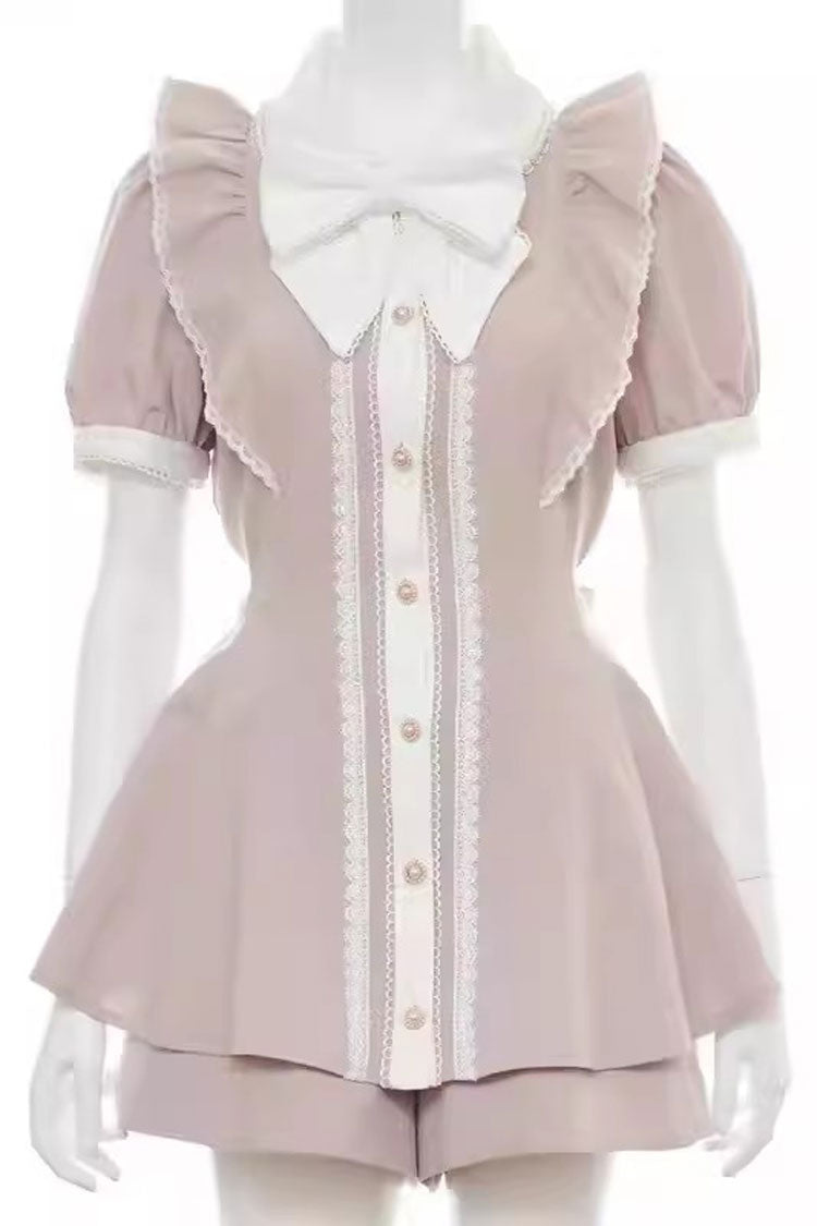 Short Sleeves Bowknot Sweet Jirai Kei Japanese Dress Shorts Set 3 Colors - Pink - 2