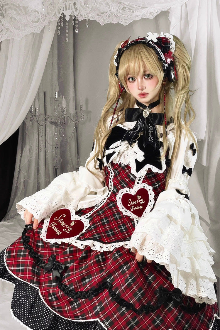 Red [Shibuya Sweetheart] Sleeveless Plaid Print Ruffle Bowknot Sweet Lolita Jsk Dress (Plus Size Support) - Product - 3