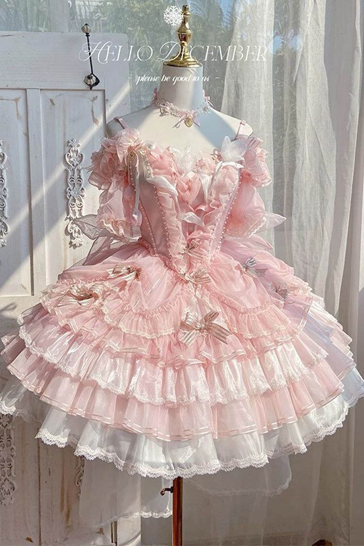 Pink [Tulip and Wind Chime] Multi-Layered Ruffle Bowknot Lace Sweet Gorgeous Lolita Jsk Dress - Product - 2