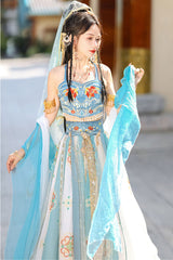 Blue Elegant Print Embroidery High Waisted Sleeveless Hanfu Dress Full Set - Product - 5