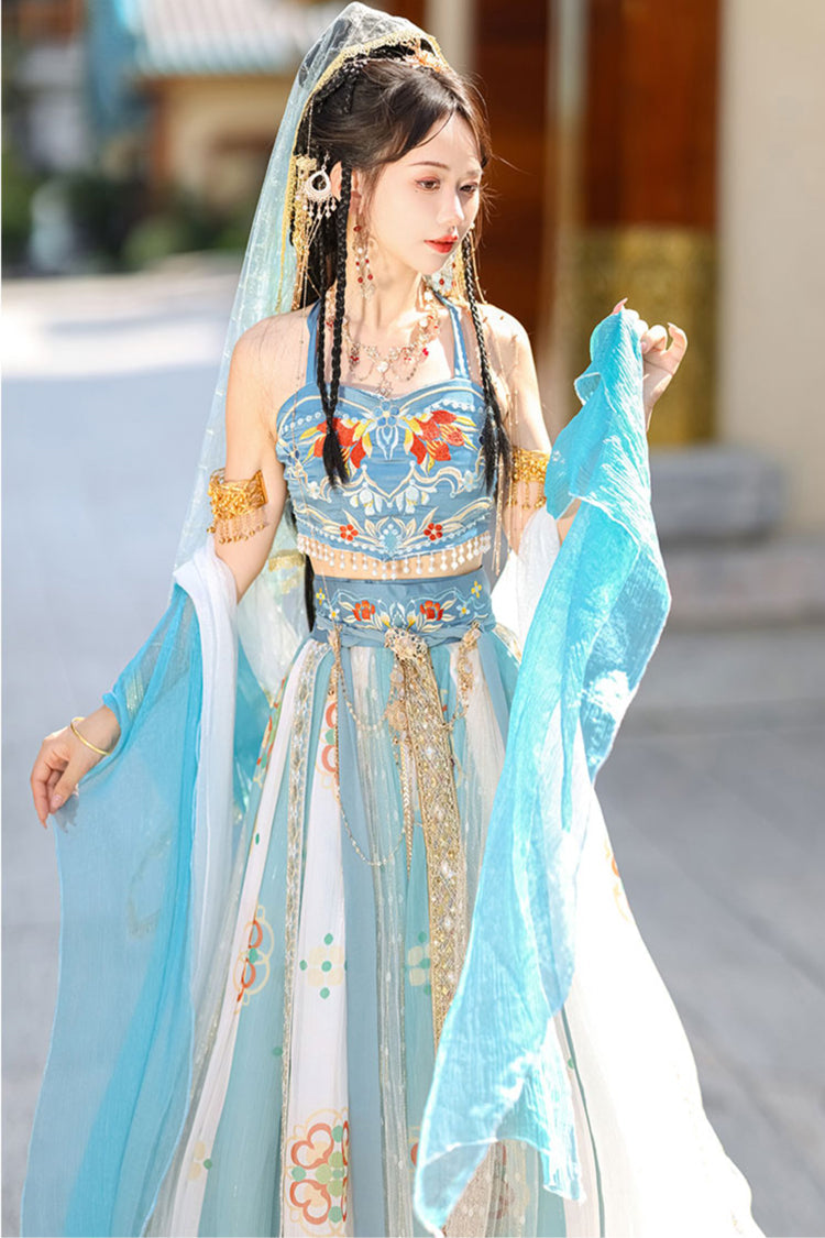 Blue Elegant Print Embroidery High Waisted Sleeveless Hanfu Dress Full Set - Product - 5