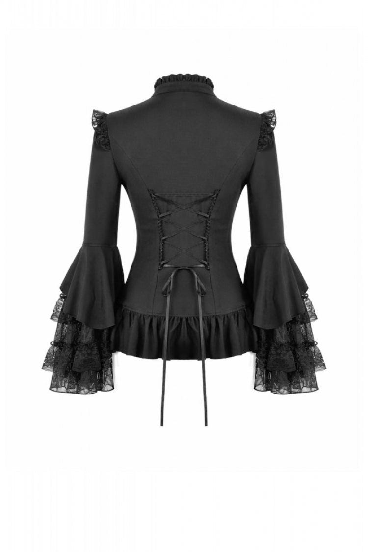 Black Stand Collar Long Trumpet Sleeves Multi-Layered Ruffled Lace Patchwork Lace-Up Women's Victorian Gothic Blouse - Product - 16