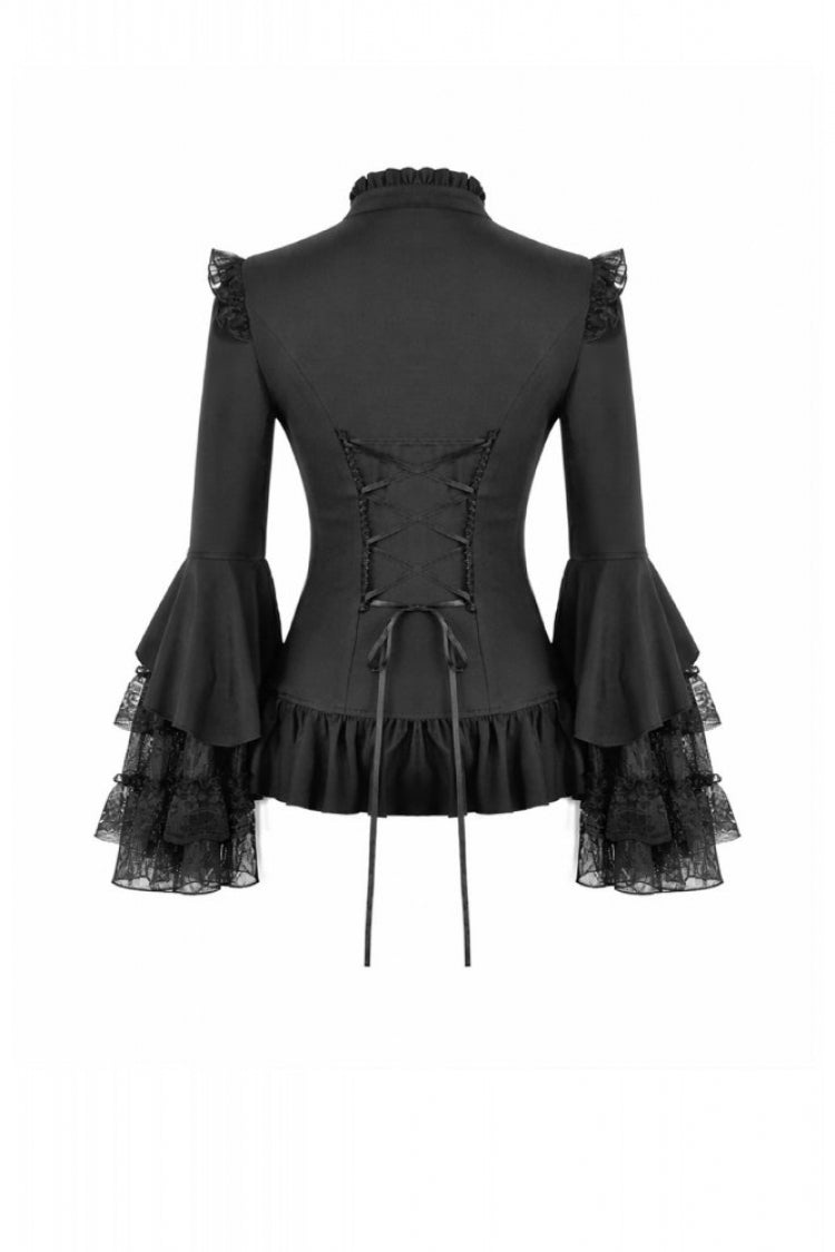 Black Stand Collar Long Trumpet Sleeves Multi-Layered Ruffled Lace Patchwork Lace-Up Women's Victorian Gothic Blouse - Product - 16