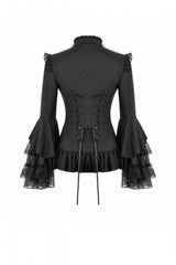 Black Stand Collar Long Trumpet Sleeves Multi-Layered Ruffled Lace Patchwork Lace-Up Women's Victorian Gothic Blouse - Product - 16