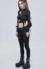 Black Punk Asymmetrical Neckline Buttonhole Cuffs With Cord Design Cropped Thin Texture Long Sleeve Women's Shirt - Product - 6