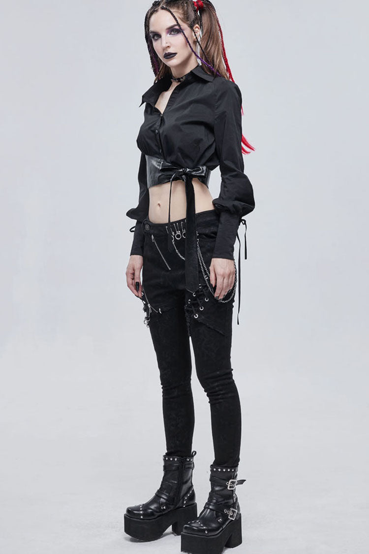 Black Punk Asymmetrical Neckline Buttonhole Cuffs With Cord Design Cropped Thin Texture Long Sleeve Women's Shirt - Product - 6