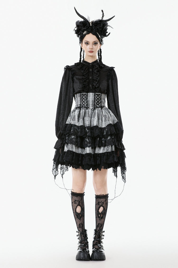 Black/Grey High Waisted Lace-Up Lace Ruffled Layered Hem Women's Lolita Gothic Skirt - Product - 7