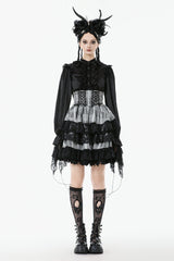 Black/Grey High Waisted Lace-Up Lace Ruffled Layered Hem Women's Lolita Gothic Skirt - Product - 7
