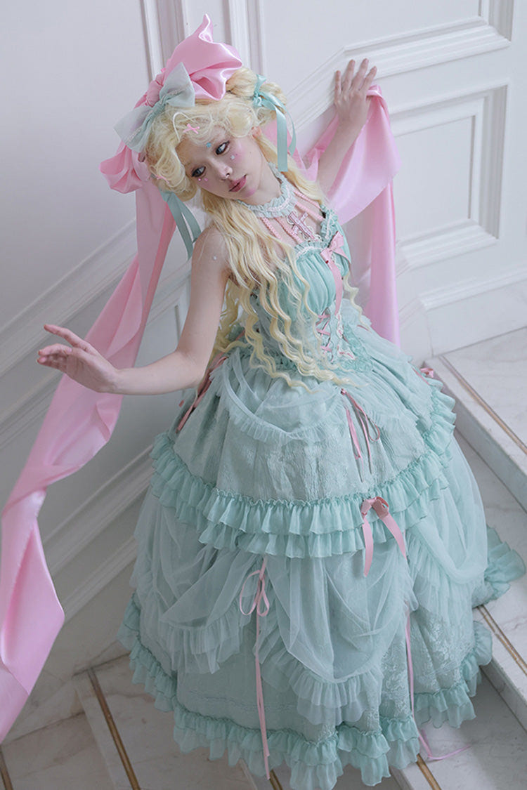 Green Cross Halterneck Ruffle Bowknot Lace Lace-Up Princess Sweet Lolita Dress - Product - 4