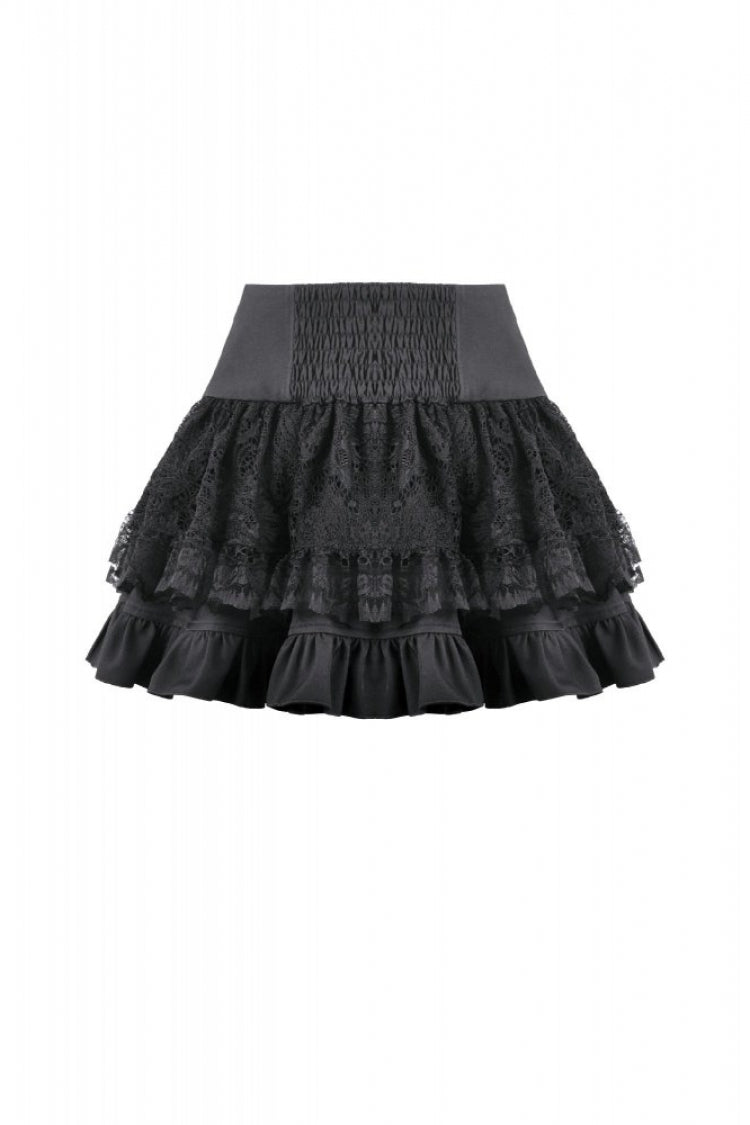 Black High Waisted Multi-Layered Ruffled Lace Patchwork Pocket Women's Punk Mini Skirt - Product - 15