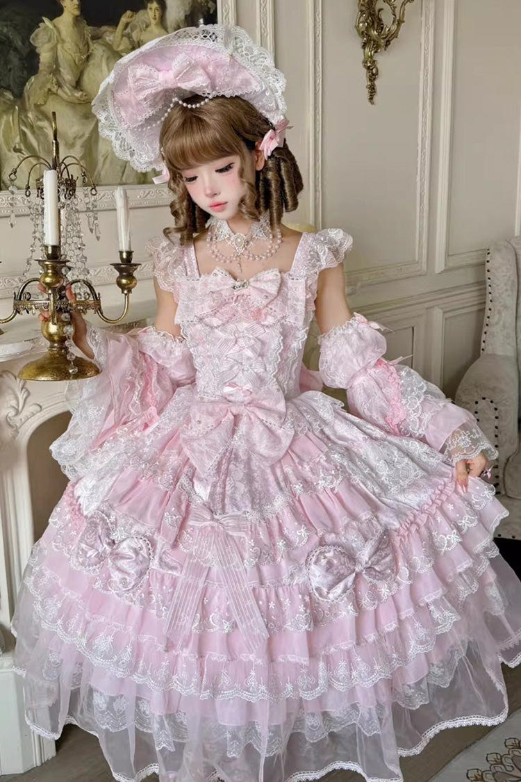 Pink [Prelude of Spring] Sleeveless Multi-Layered Ruffled Bow Lace Sweet Princess Lolita Jsk Dress - Product - 7