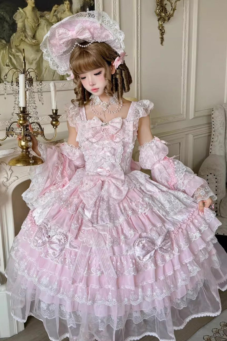Pink [Prelude of Spring] Sleeveless Multi-Layered Ruffled Bow Lace Sweet Princess Lolita Jsk Dress - Product - 7