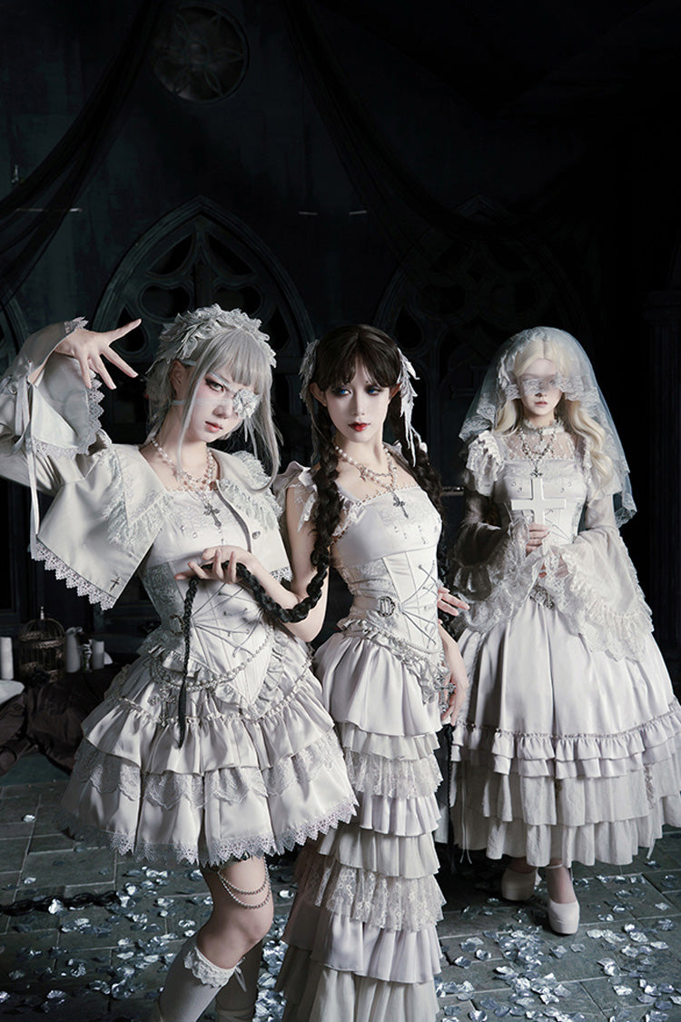 Solid Color [Bionic Doll] Square Collar Multi-Layered Ruffle Bowknot Lace-Up Gothic Lolita Long Skirt Corset Set - Product - 13