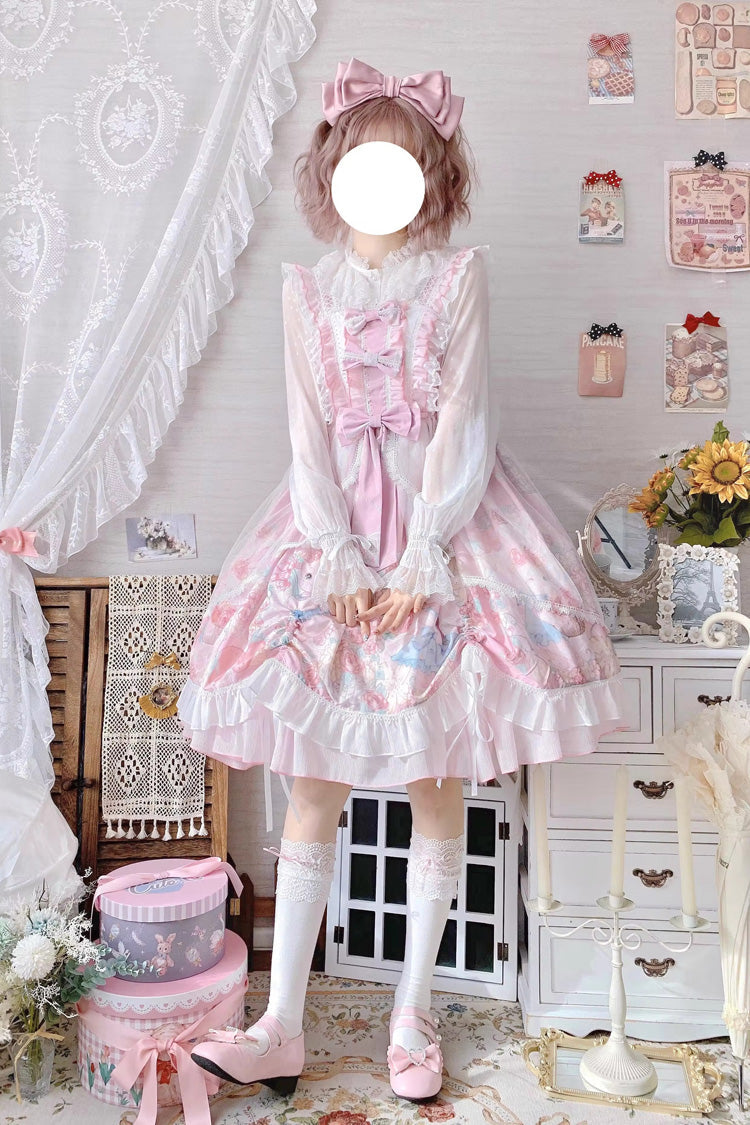 Pink Sleeveless High Waisted Rabbit Print Ruffle Bowknot Sweet Lolita Jsk Dress - Product - 6