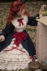 Blue Round Collar Bowknot Long Sleeves Multi-Layer Ruffled Sweet Lolita OP Dress (Plus Size Version) - Product - 6