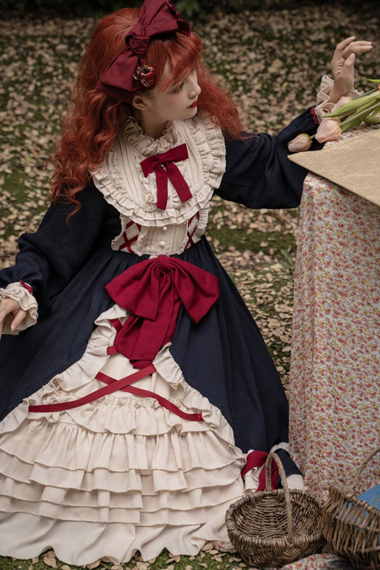 Blue Round Collar Bowknot Long Sleeves Multi-Layer Ruffled Sweet Lolita OP Dress (Plus Size Version) - Product - 6