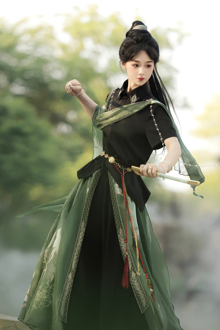 Black/Green Lapel Collar Short Sleeves Embroidered Sweet Chinese Inspired Wuxia Style Ouji Hanfu Pants Set - Product - 4