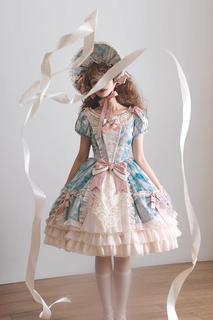 [Angel Heart Sky Oil Painting] Print Ruffle Cardigan Bowknot Sweet Princess Lolita Dress 3 Colors - Product - 17