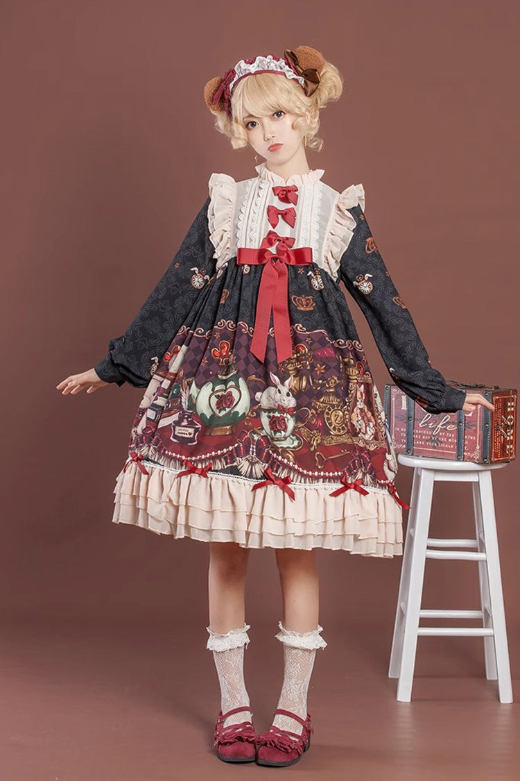 [Rabbit and Bear Feast]  Long Sleeves Multi-Layered Print Ruffle Bowknot Sweet Lolita Dress 2 Colors - Black - 2