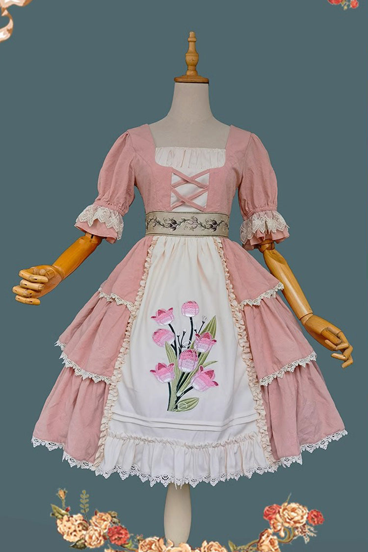 Tulip Print Embroidery Short Sleeves Multi-layer Sweet Elegant Lolita Jsk Dress 3 Colors - Pink - 10