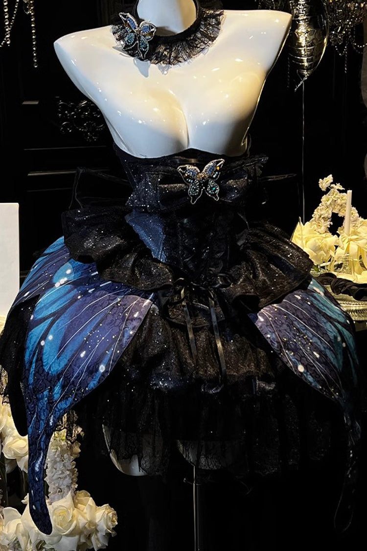 Black [Sparkling Butterfly] Print Bowknot Sweet Lolita Skirt - Product - 5
