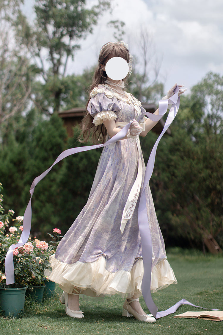 Purple [Oil Painting Sun and Moon Poem] Short Sleeves Print Ruffle Bowknot Sweet Princess Lolita Dress - Product - 12