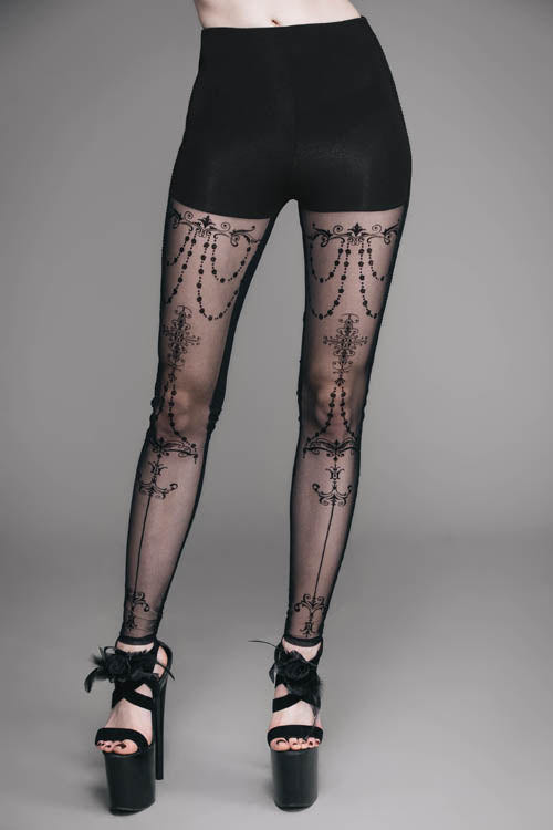 Black Elastic Waistband Flocking Printed Transparent Stretchy Mesh Sexy Leggings Womens Pants - Black - 1