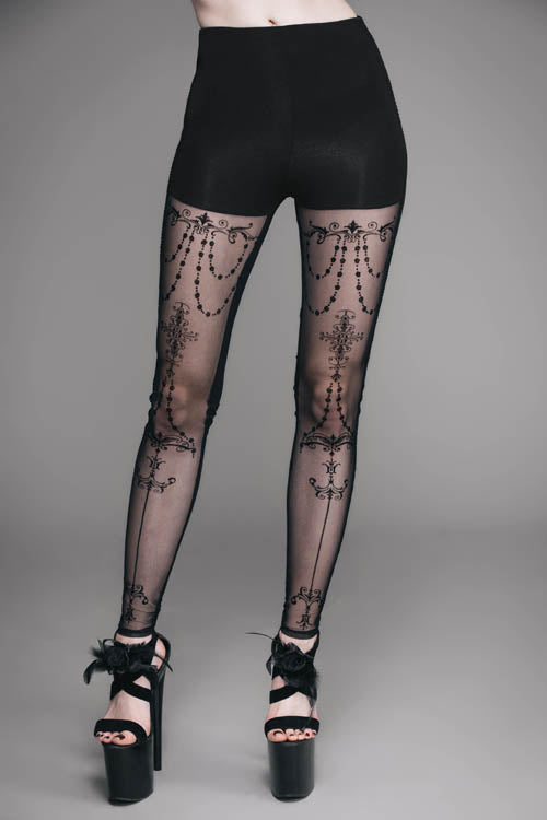 Black Elastic Waistband Flocking Printed Transparent Stretchy Mesh Sexy Leggings Womens Pants - Black - 1