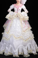 White Hime Sleeves High Waisted Lace Stitching Flower Print Victorian Lolita Prom Tiered Dress - white - 1