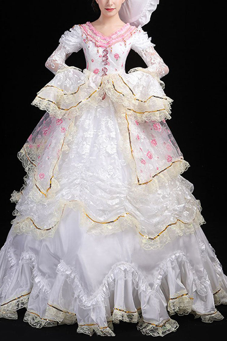White Hime Sleeves High Waisted Lace Stitching Flower Print Victorian Lolita Prom Tiered Dress - white - 1