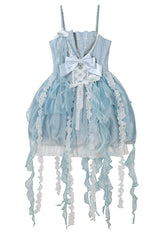 Blue [Dreamy Jellyfish] Square Collar Sleeveless Printed Ruffled Lace Sweet Lolita Jsk Dress Set - Dress(Only) - 11