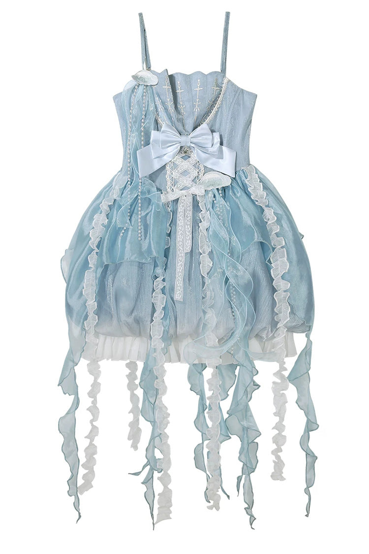 Blue [Dreamy Jellyfish] Square Collar Sleeveless Printed Ruffled Lace Sweet Lolita Jsk Dress Set - Dress(Only) - 11
