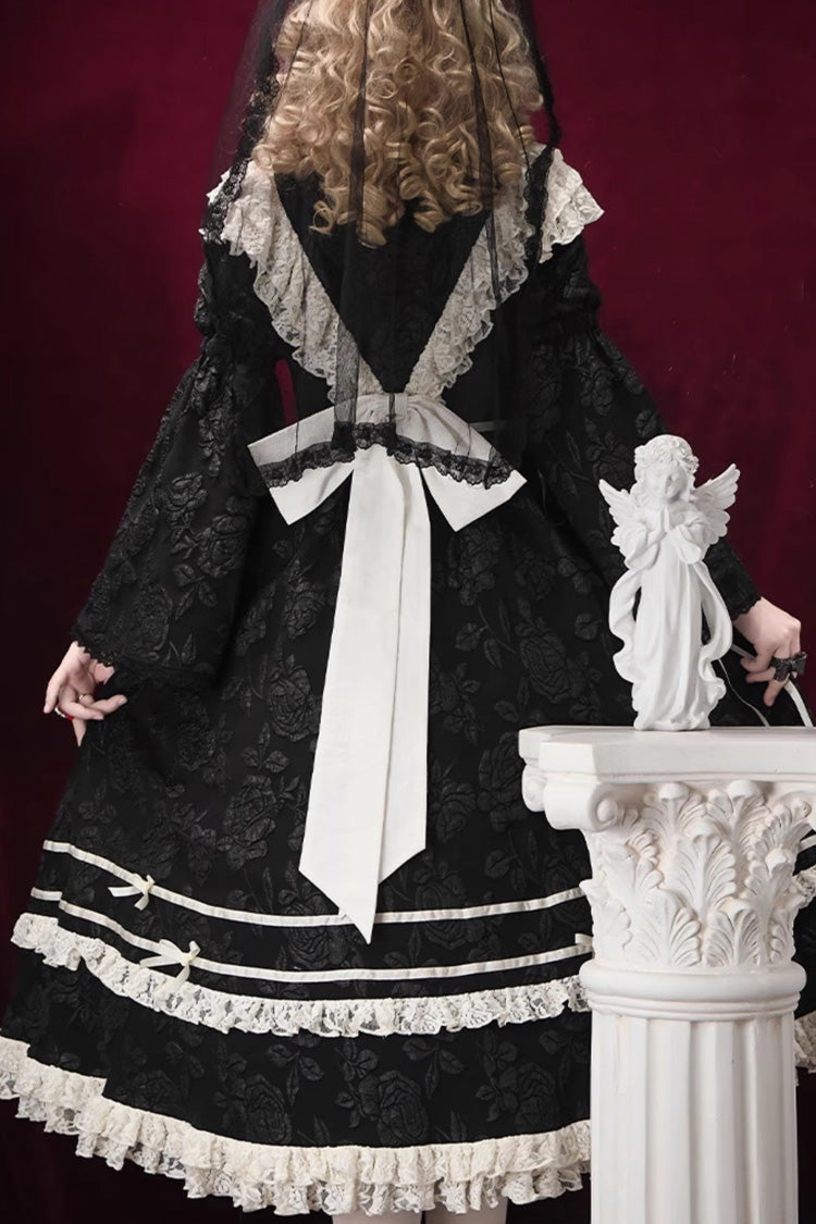 Black [Rose Choir] Double-Layered Ruffle Embroidery Bowknot Lace Gothic Elegant Nun Lolita Dress - Product - 14