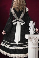 Black [Rose Choir] Double-Layered Ruffle Embroidery Bowknot Lace Gothic Elegant Nun Lolita Dress - Product - 14