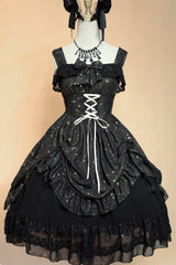 [Wishing Stars] Double-Layered Ruffle Bowknot Lace-Up Gothic Lolita Jsk Dress Version 1 - Black - 1