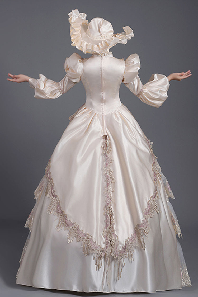 Champagne Lantern Sleeves High Waisted Three Dimensional Flower Print Victorian Lolita Prom Tiered Dress - Product - 4