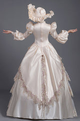 Champagne Lantern Sleeves High Waisted Three Dimensional Flower Print Victorian Lolita Prom Tiered Dress - Product - 4