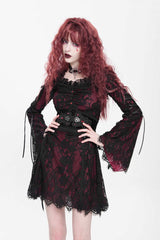 Red Square Collar Long Sleeves Floral Embroidery Lace Lace-Up Women's Gothic Dress - Product - 2