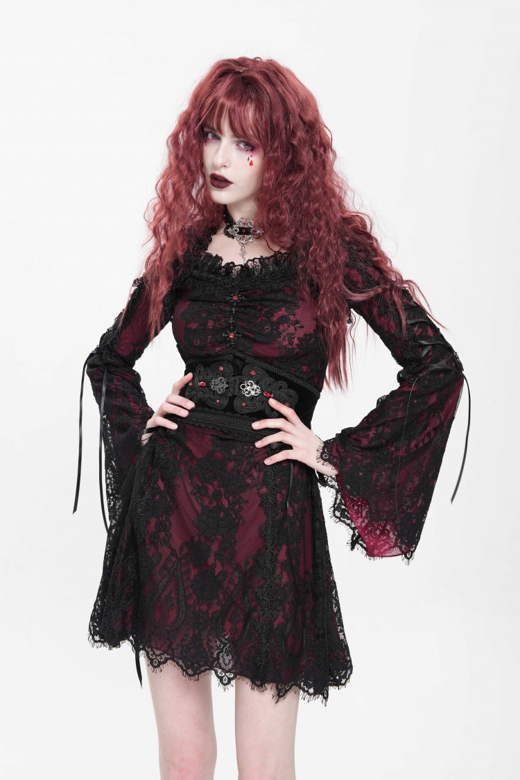 Red Square Collar Long Sleeves Floral Embroidery Lace Lace-Up Women's Gothic Dress - Product - 2