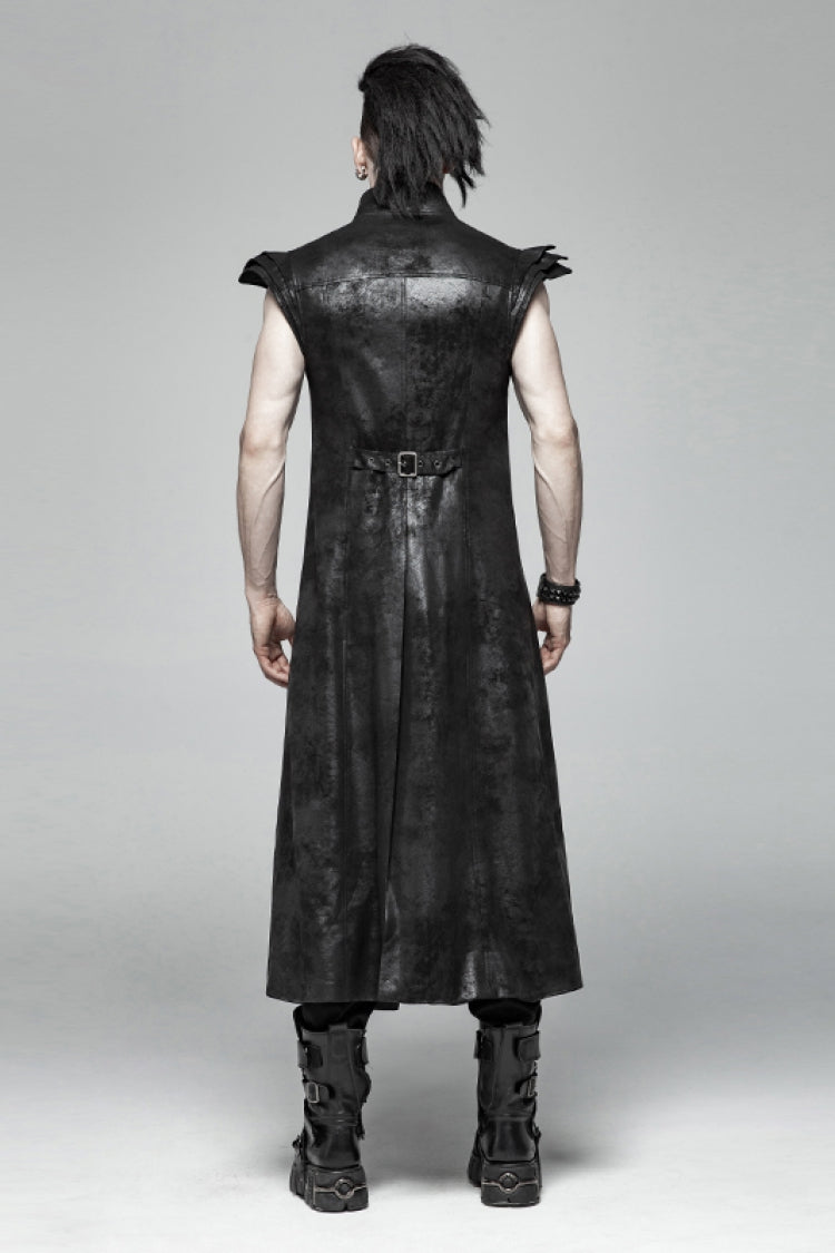 Black Angel's Wings Faux Leather Stand Collar Sleeveless Men's Gothic Vintage Maxi Vest - Product - 3