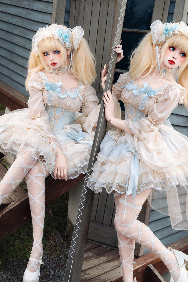 [Flowing Light Gift Box] Square Collar Sleeveless Multi-Layered Ruffled Bow Elegant Ballet Sweet Lolita Jsk Dress 6 Colors - Product - 5