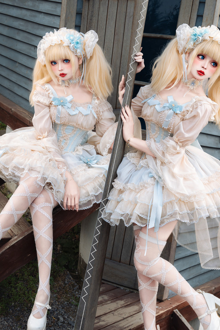 [Flowing Light Gift Box] Square Collar Sleeveless Multi-Layered Ruffled Bow Elegant Ballet Sweet Lolita Jsk Dress 6 Colors - Product - 5